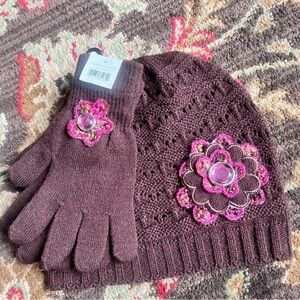 Brown Knit Hat with Pink Floral Accents